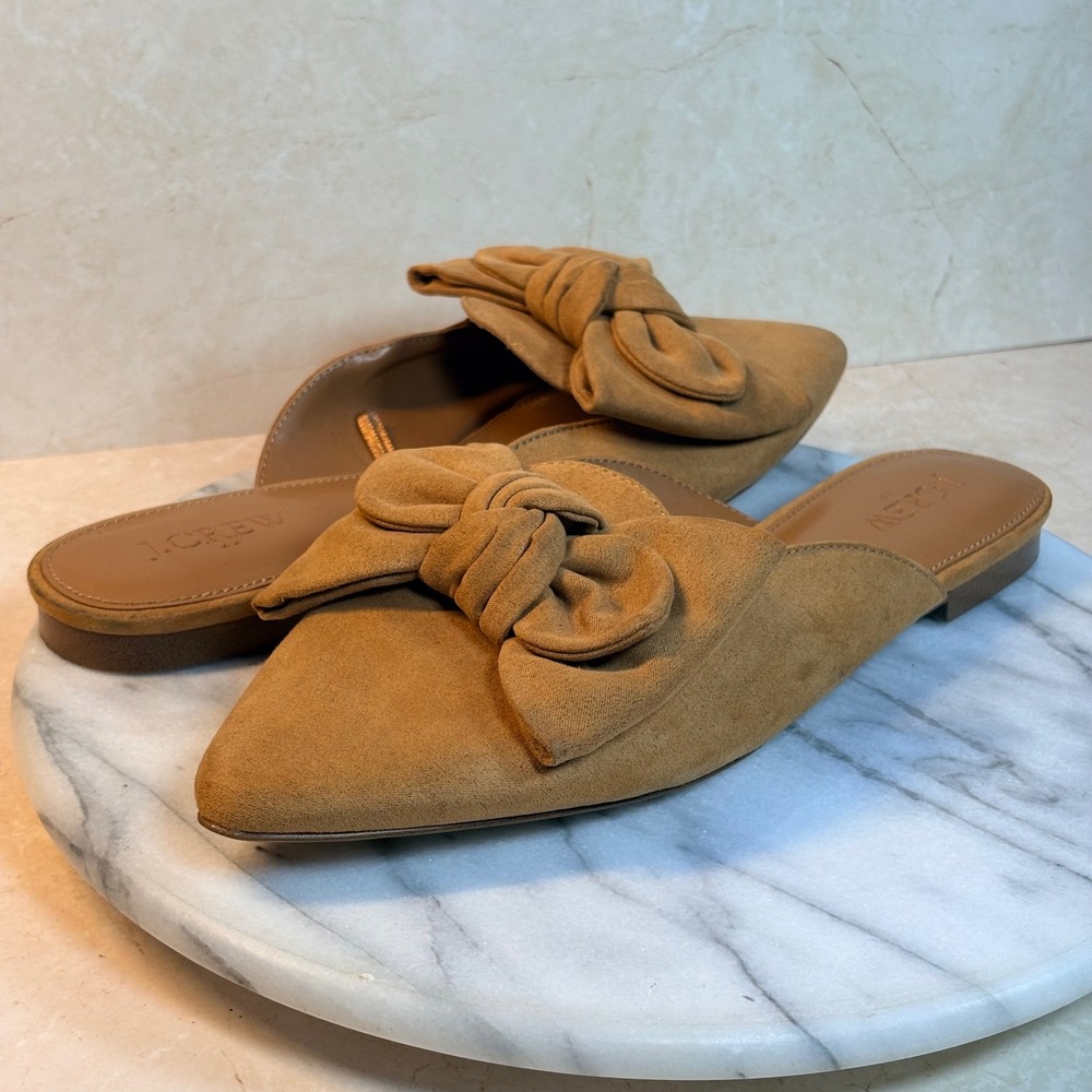 J.Crew Womens Tan Faux Suede Pointed Toe Bow Mules BJ246 Size 8 Office Siren